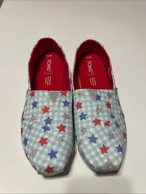Toms Light Blue Gingham Slip-Ons with Red Interior and Red, Blue & Silver Stars